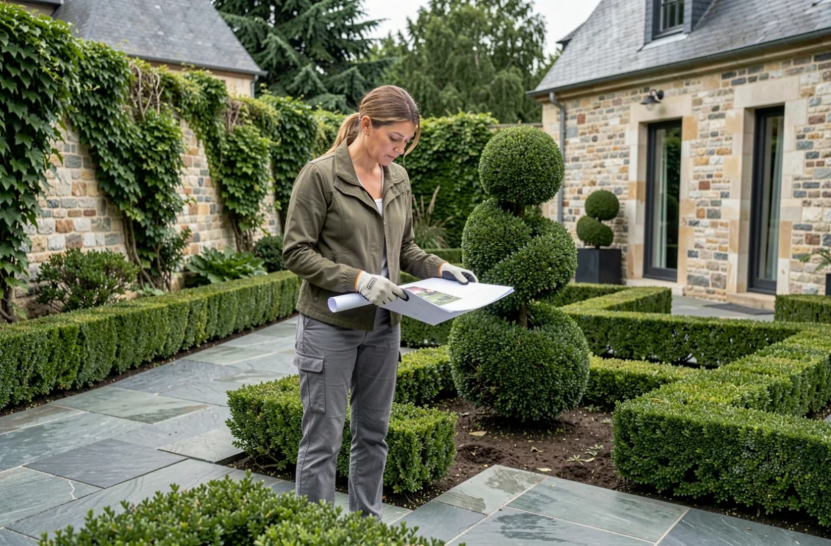 Conceptrice paysagère de Scènes d'Extérieur révisant des plans d'aménagement près d'une sculpture en if taillé dans un jardin formel d'Île-de-France