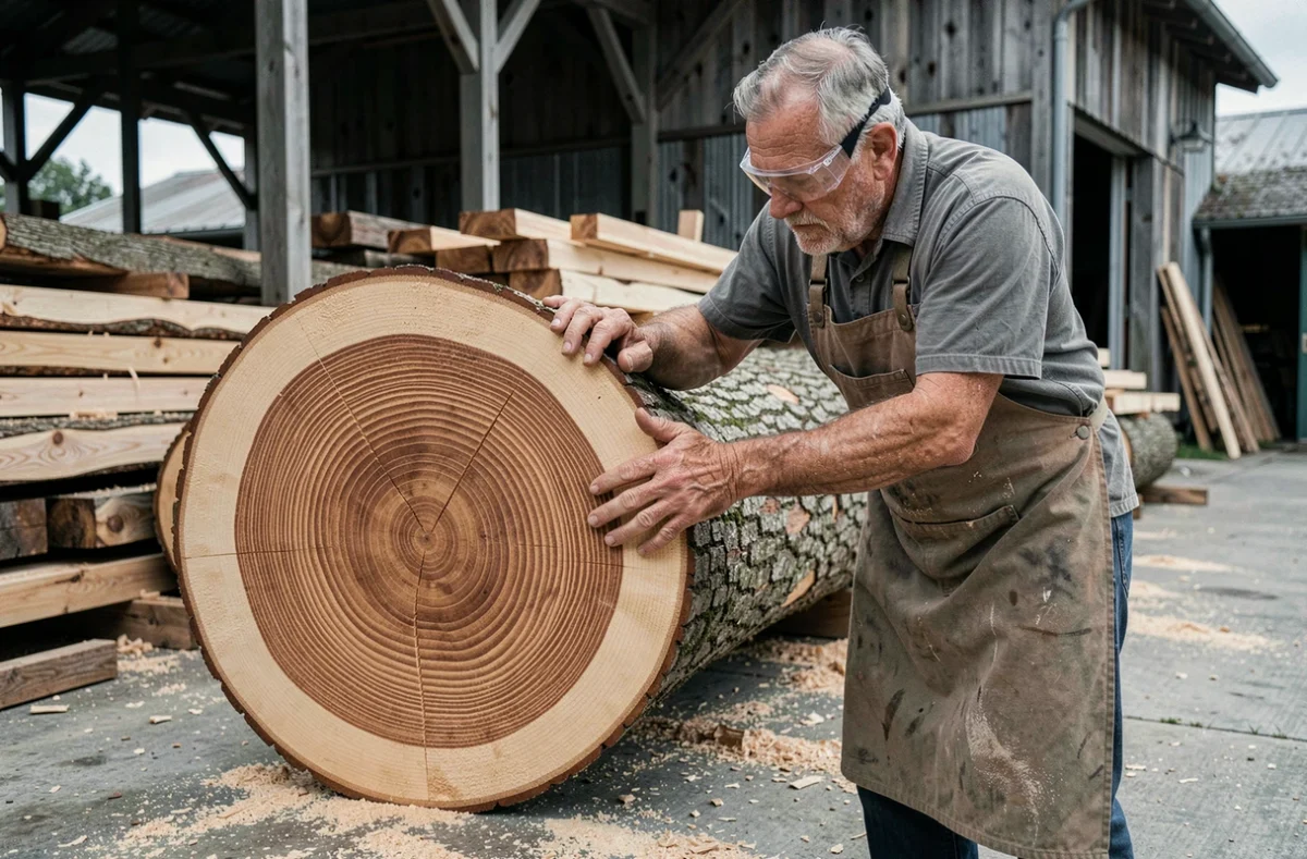 Scieur artisanal examinant les cernes de croissance d'un tronc fraîchement débité dans une scierie traditionnelle