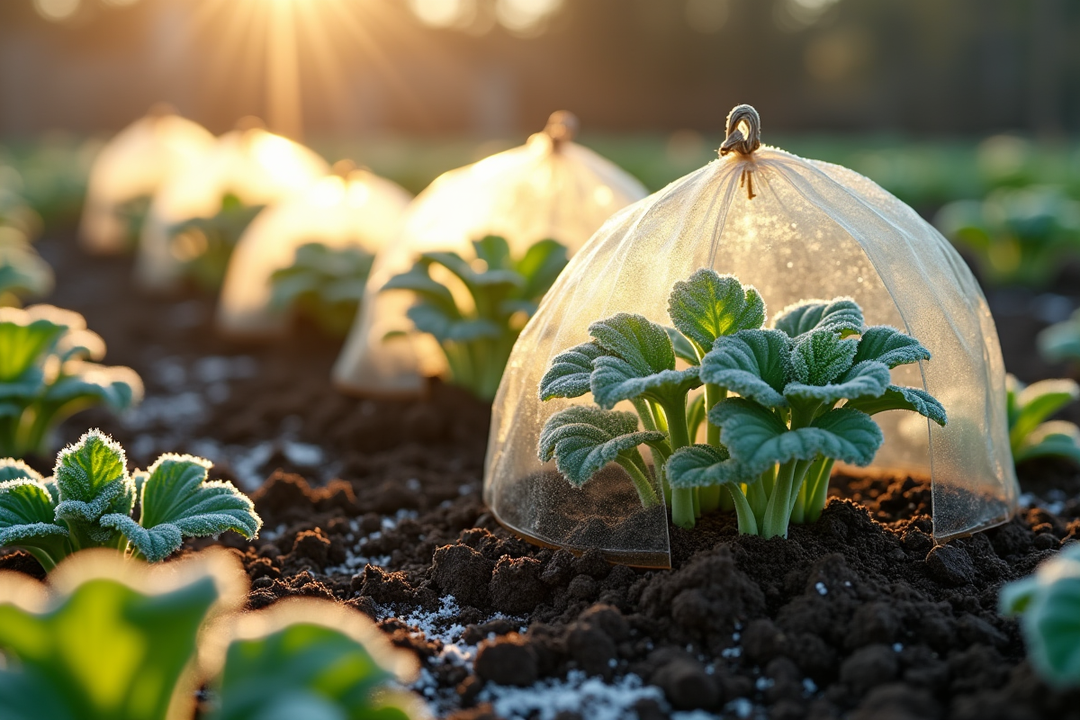 Semis de courgettes protégés par des cloches ensoleillées