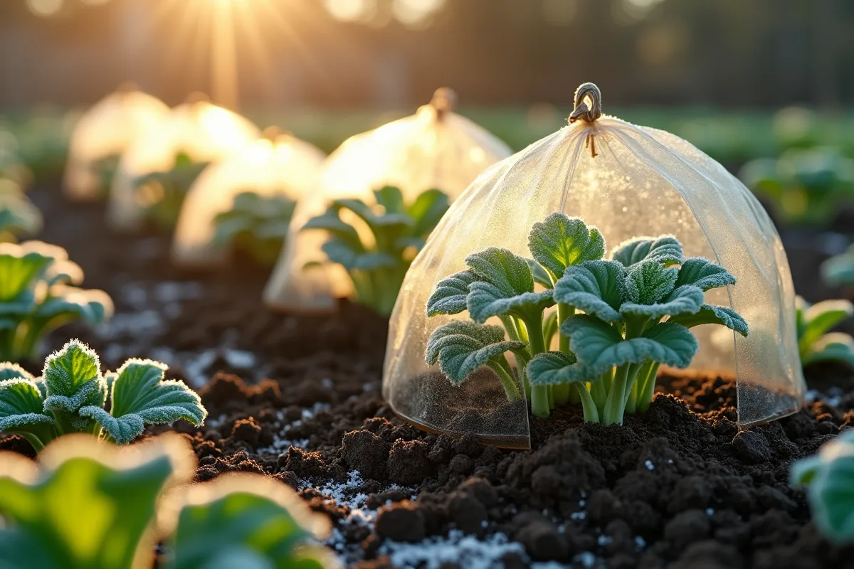 Semis de courgettes protégés par des cloches ensoleillées