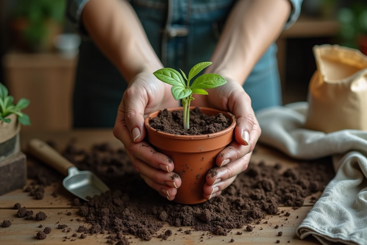 Mains tenant un pot en terre cuite avec un semis de haricot étiolé aux racines exposées sur un établi de jardinage