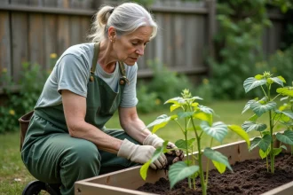 Jardinière examinant des semis de haricots jaunis et rabougris dans un potager surélevé en bois