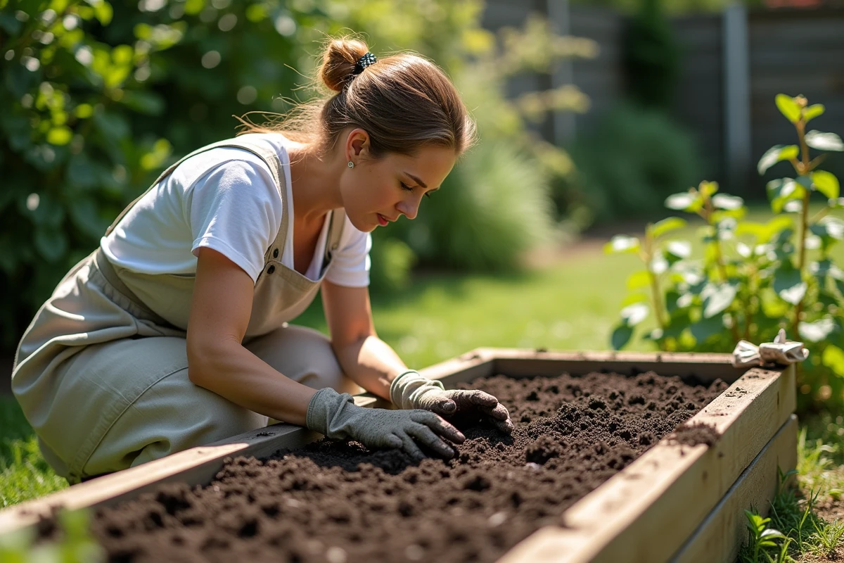 Femme en train de semer des haricots verts nains dans un carré potager en bois, gros plan sur les mains dans la terre
