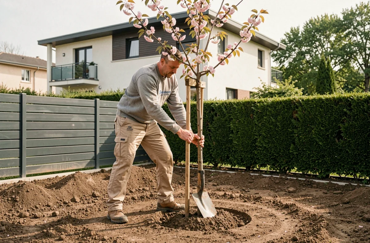 Professionnel de Simonson Landscape plantant un cerisier ornemental dans un jardin résidentiel des Hauts-de-Seine avec maison contemporaine en arrière-plan