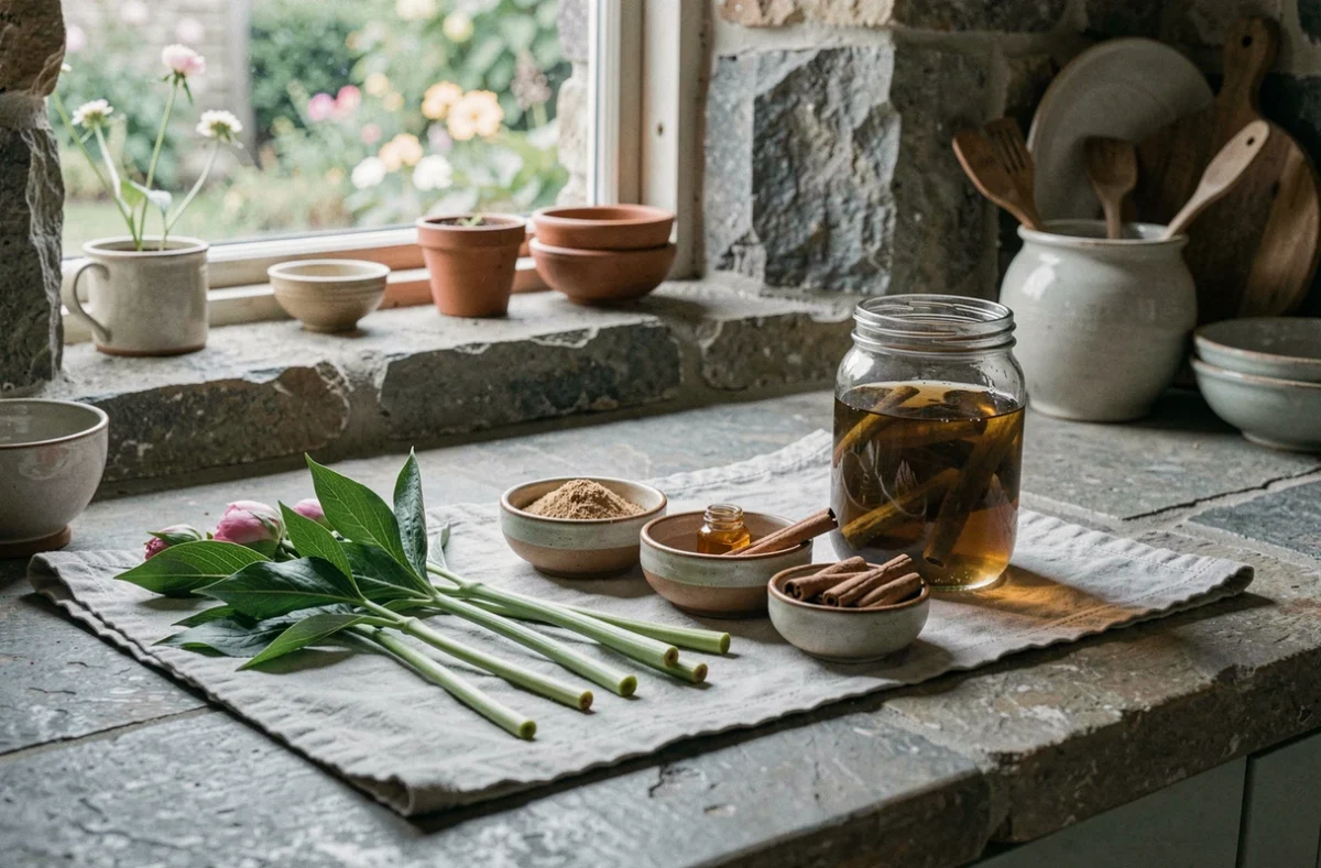 Boutures de pivoines arbustives disposées avec des solutions naturelles d'enracinement comme le miel, la cannelle et l'eau de saule sur un comptoir en pierre