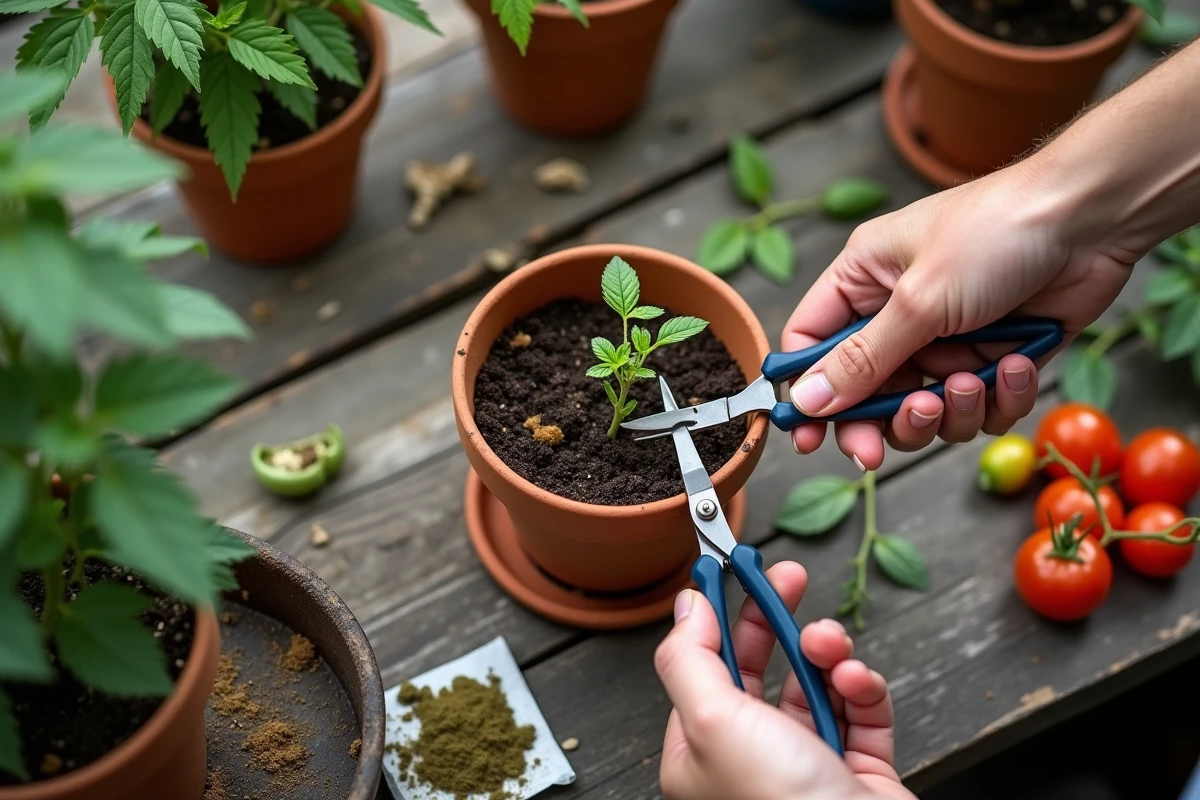 Suppression d'un gourmand de tomate en pot avec des ciseaux propres sur un établi de jardinage en bois