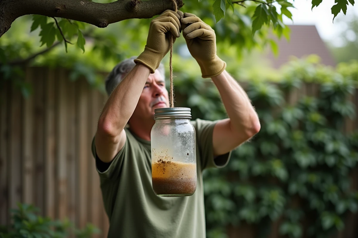 Homme suspendant un piège à guêpes artisanal en bocal en verre à une branche d'arbre dans un jardin résidentiel