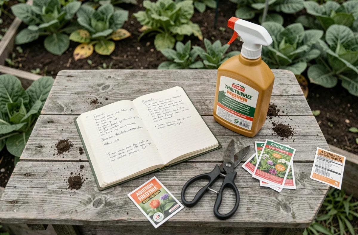 Vue de dessus d'une table de jardin avec un pulvérisateur de glyphosate, un carnet et des sachets de graines de potager