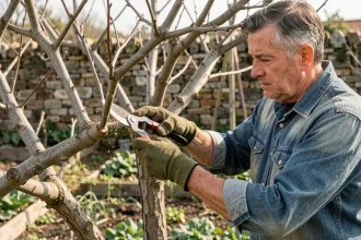 Jardinier expérimenté réalisant la taille de formation d'un prunier avec un sécateur, dans un jardin potager rustique