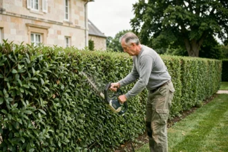 Jardinier professionnel effectuant une taille de haie devant une maison en pierre à Caen