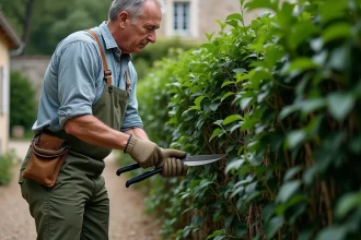 Jardinier d'âge mûr taillant une ancienne haie de laurier avec des cisailles manuelles dans un jardin de campagne français