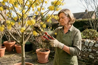 Femme en tablier de jardinage taillant un mimosa en fleurs avec un sécateur, dans un jardin au printemps