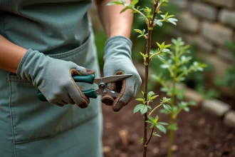 Femme qui taille un jeune mûrier fraîchement planté dans un jardin avec un sécateur, sol paillé autour du pied de l'arbuste