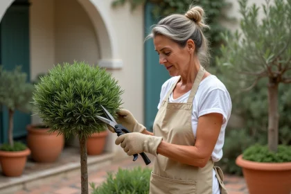Femme qui taille un olivier en nuage dans un jardin méditerranéen avec des cisailles de jardinage