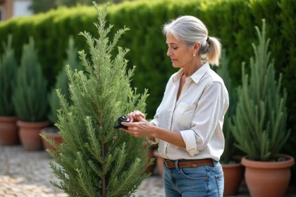 Femme taillant un arbre de romarin dans un jardin méditerranéen