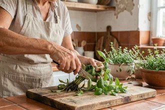Femme qui taille son basilic dans une cuisine rustique pour éviter le gaspillage alimentaire