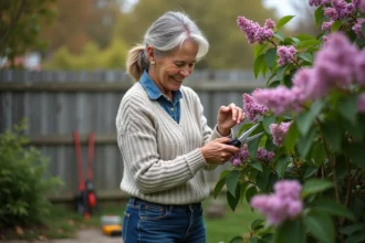 Femme d'âge moyen taillant un lilas dans le jardin