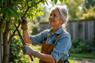 Femme taillant un mimosa dans un jardin en plein air
