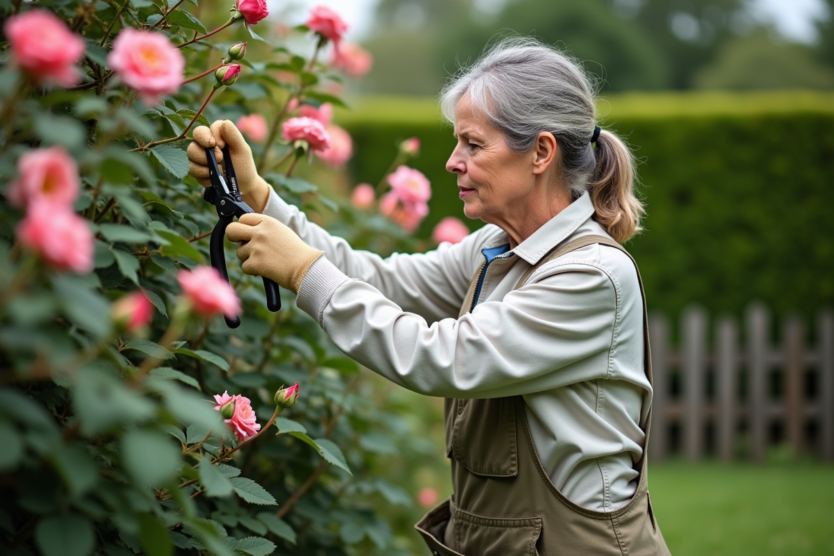 Femme taillant des rosiers dans un jardin soigné