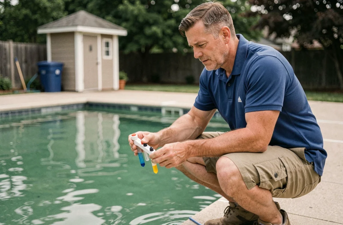 Technicien de piscine analysant la qualité de l'eau verte avec un kit de test chimique