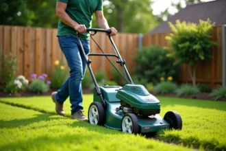 Homme d'âge moyen poussant une tondeuse moderne dans un jardin bien entretenu
