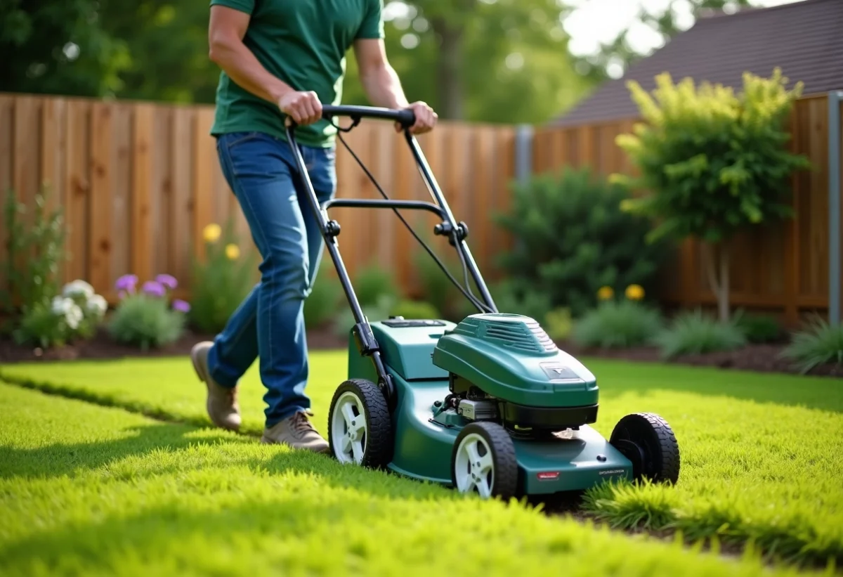 Homme d'âge moyen poussant une tondeuse moderne dans un jardin bien entretenu