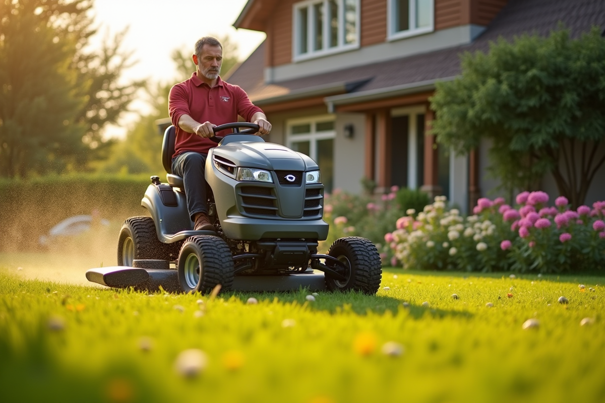 Tondeuse tractée en utilisation dans un grand jardin avec maison