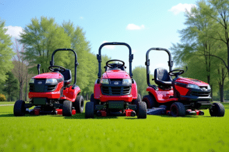 Plusieurs tondeuses tractées alignées sur une pelouse verte