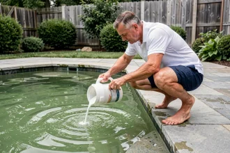 Homme versant du chlore choc dans une piscine verte trouble en plein air pour traitement de l'eau