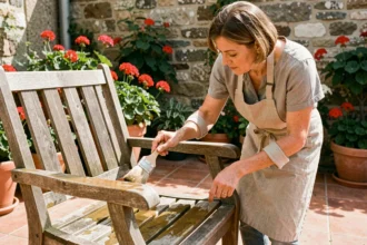 Femme appliquant une huile de traitement sur un fauteuil en bois de teck dans un jardin, avec une brosse à poils naturels