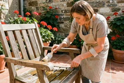Femme appliquant une huile de traitement sur un fauteuil en bois de teck dans un jardin, avec une brosse à poils naturels