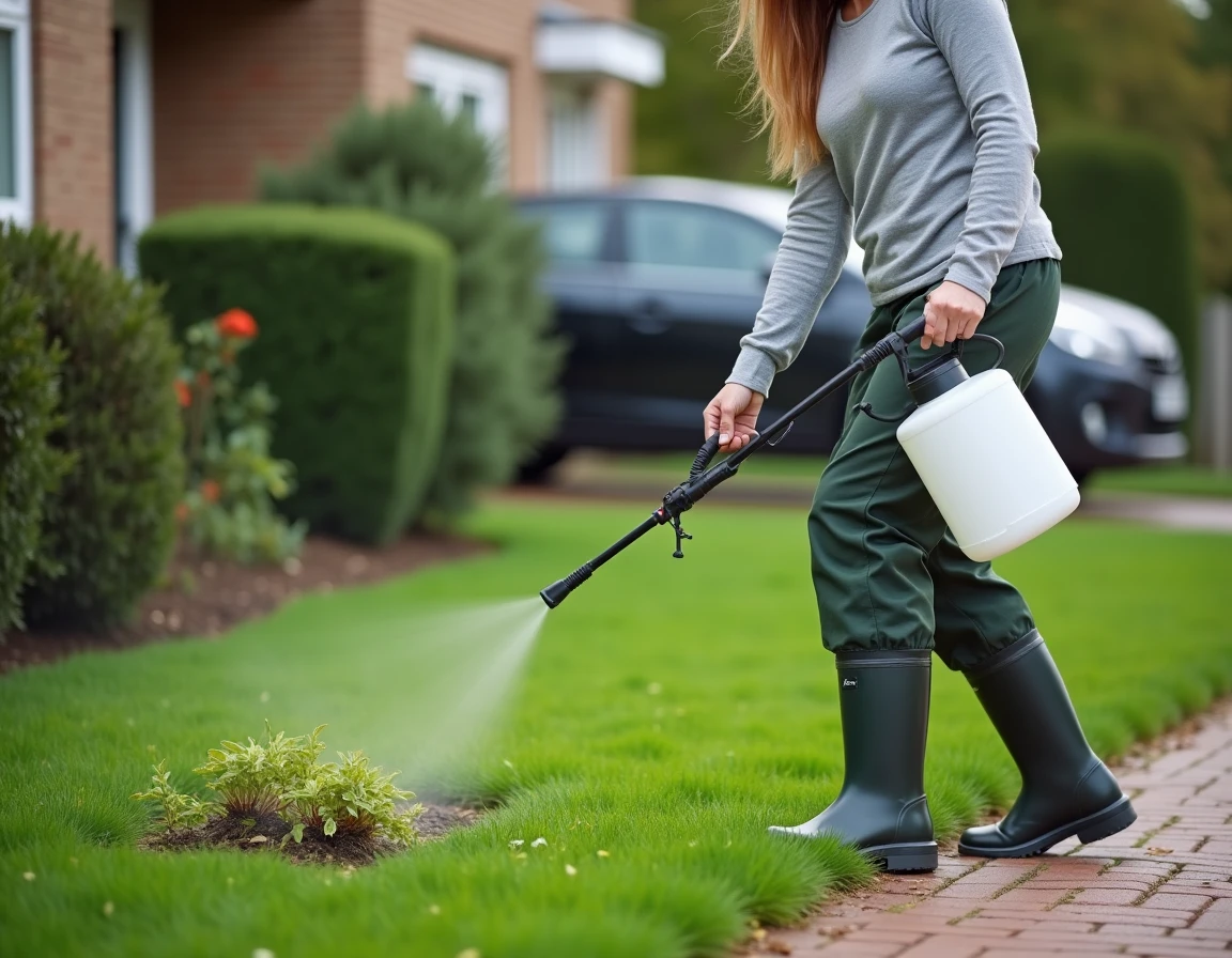 Femme appliquant un traitement sélectif herbicide sur une pelouse avec un pulvérisateur de jardin