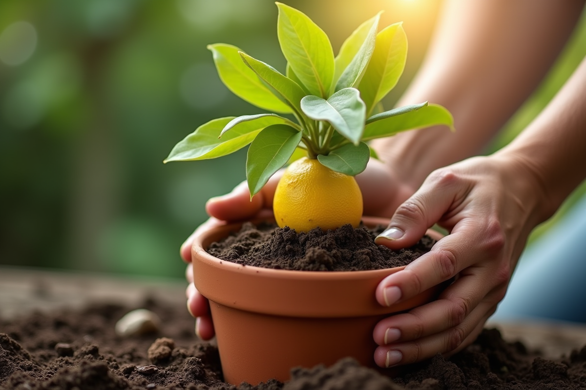 Personne transplantant un jeune limonier dans un pot en terre cuite