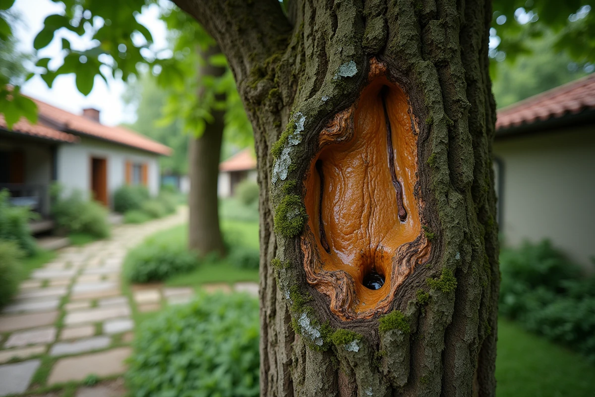 Tronc de mûrier avec marques de taille et lichens