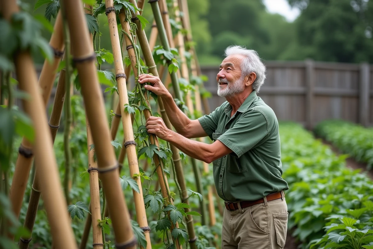 Jardinier attachant des haricots verts à rames sur des tuteurs en bambou en forme de tipi dans un potager
