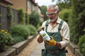 Homme en équipement de protection lisant l'étiquette d'un désherbant dans un jardin résidentiel