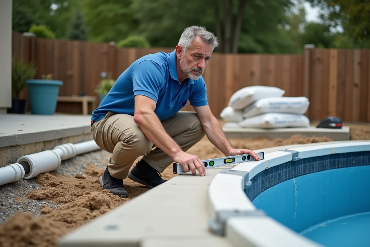 Technicien vérifiant le niveau d'une piscine coque mal alignée avec un niveau à bulle lors de la pose