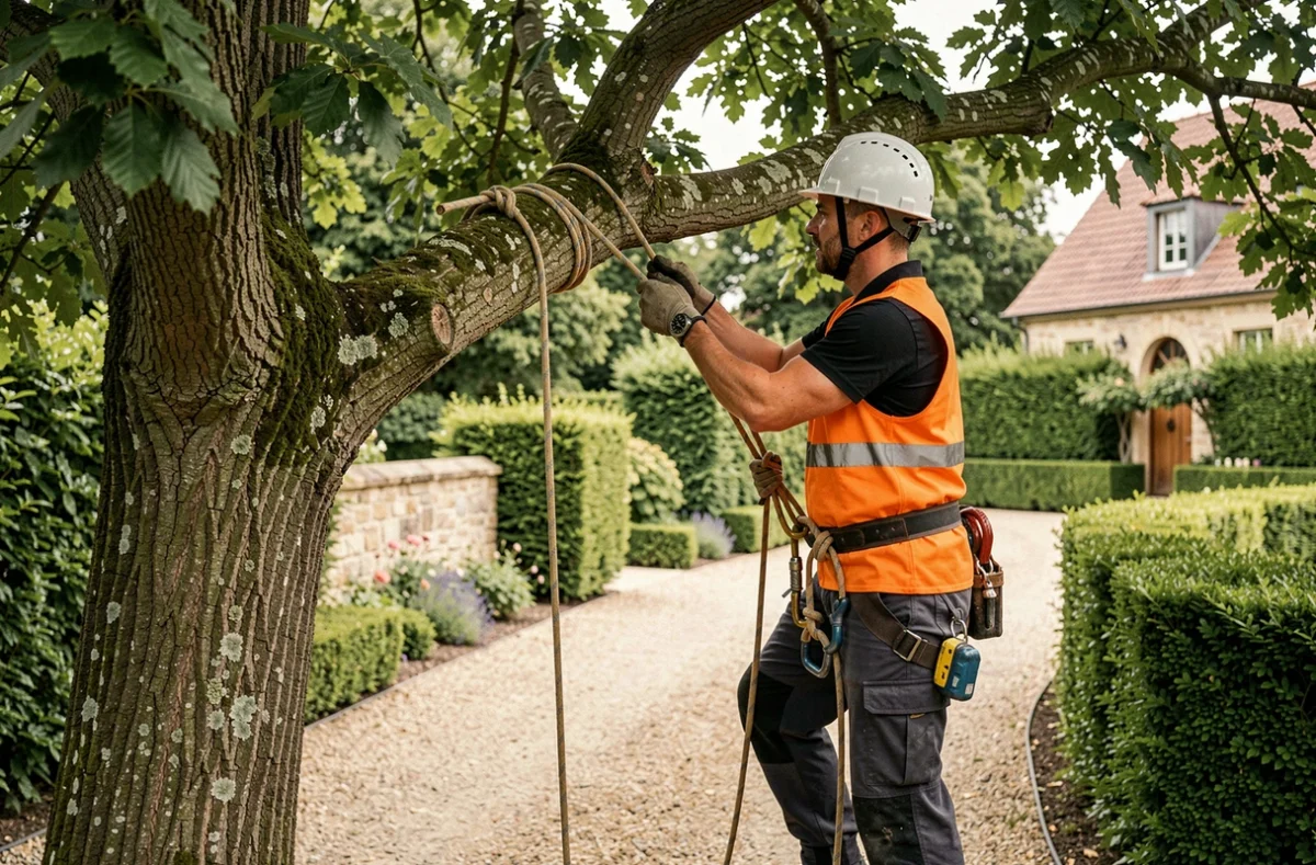 Élagueur de Vertuose Élagage sécurisant une grosse branche avec des cordes de rappel avant son abattage contrôlé dans un hêtre sur un domaine privé des Yvelines