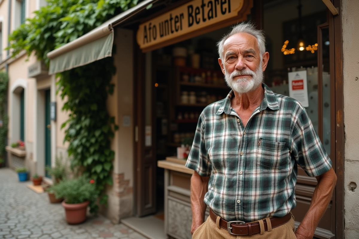 Homme age dans un village francais avec boutique vintage
