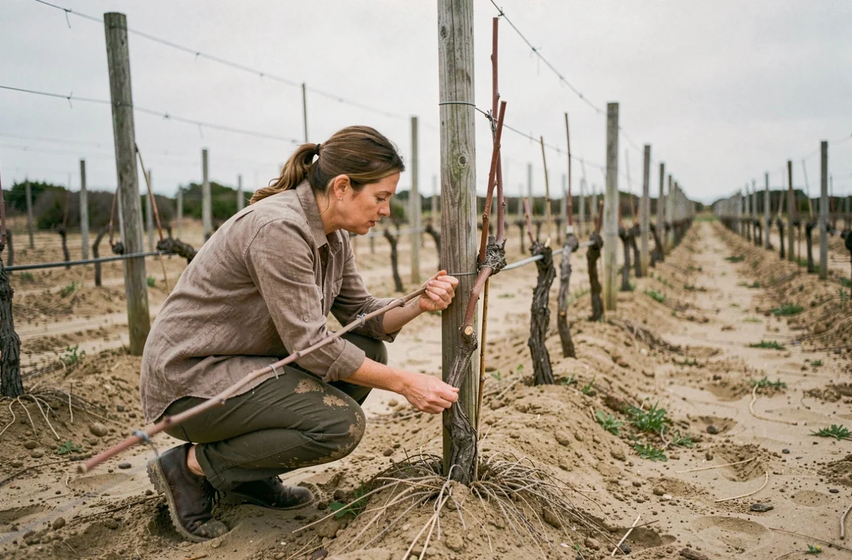 Vigneronne inspectant la structure d'une jeune vigne sur sol sableux dans un vignoble côtier