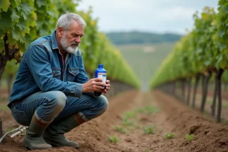 Viticulteur lisant l'étiquette d'un produit à base de cuivre dans un vignoble français en 2026