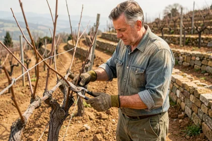 Viticulteur taillant une vigne mature en terrasse sur un sol argileux au début du printemps