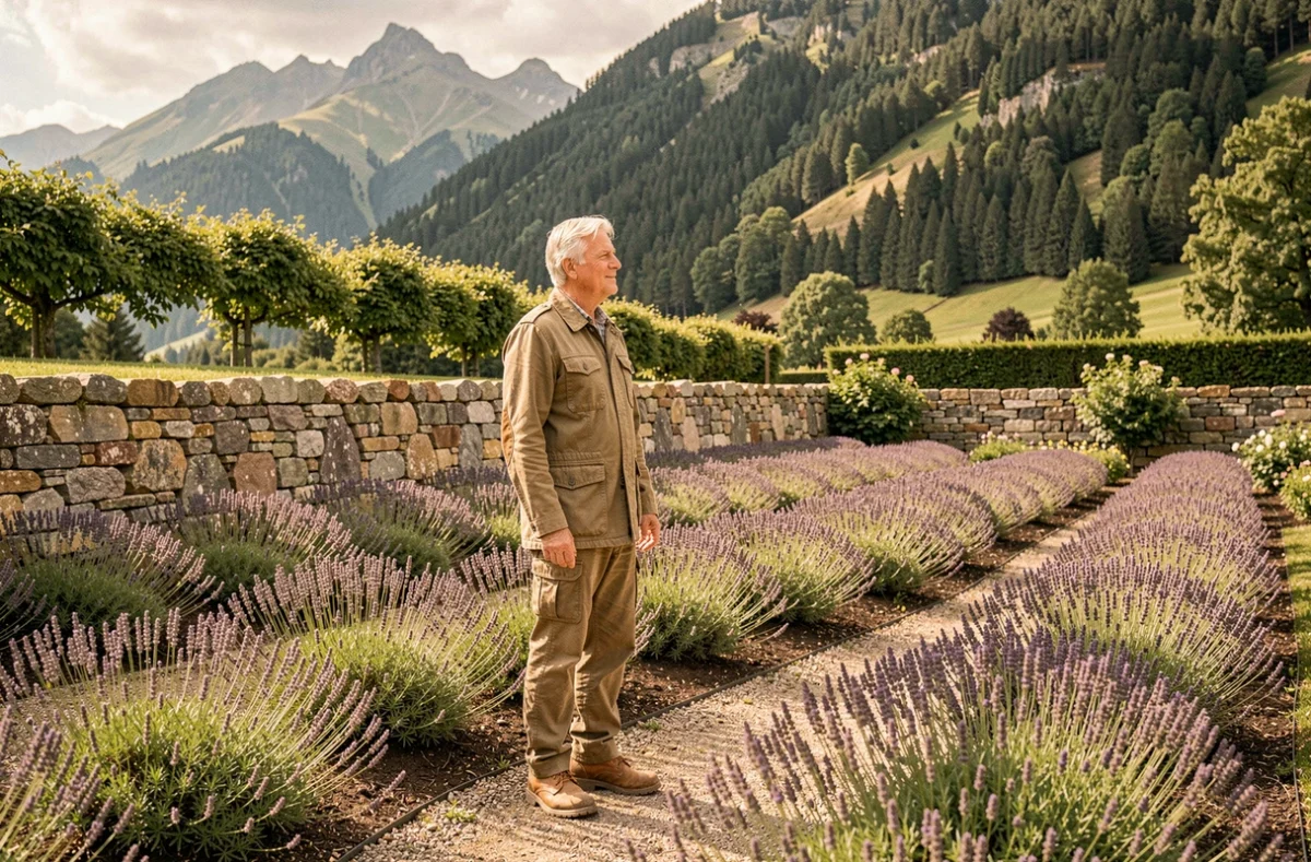 Zacharias Paysages, entrepreneur paysagiste contemplant un domaine aménagé avec lavandes et mur en pierre sèche au pied des Alpes près de Megève
